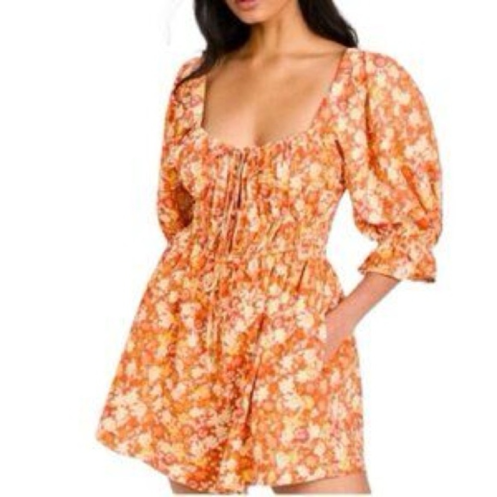 Free People Orange Floral Puff-Sleeve Romper
